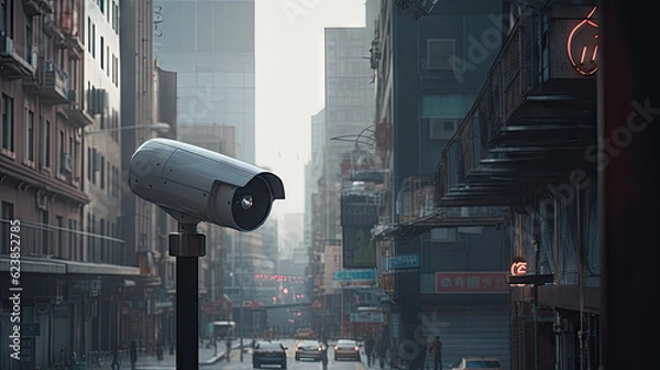 Obraz video surveillance camera (cctv) on the background of the city, 8k, generative ai