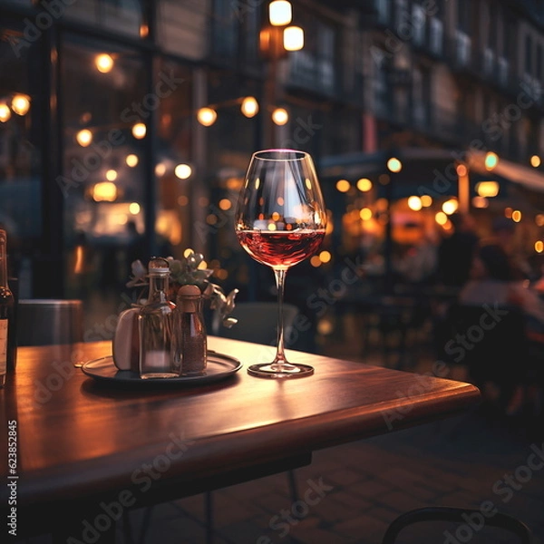 Fototapeta evening  street restaurant ,glass of red wine on table in street cafe at evening on city blurred car traffic light