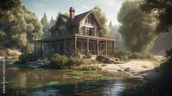 Fototapeta Beautiful villa on the lake with mountains in the background, 8k, generative ai