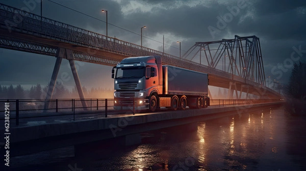 Fototapeta A long -range cargo truck rides along the bridge in sunset, 8k, generative ai
