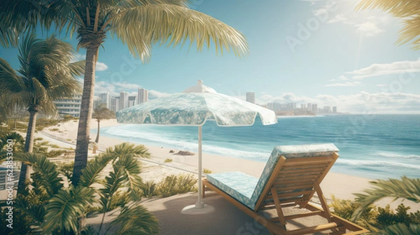 Fototapeta deck chair an umbrella on a beautiful idealistic sandy beach with palm trees, sea and grid in the distance, 8k, generative ai