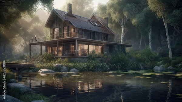 Fototapeta Beautiful villa on the lake with mountains in the background, 8k, generative ai