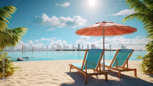 Fototapeta deck chair with an umbrella on a beautiful idealistic sandy beach with palm trees, sea and grid in the distance, 8k, generative ai