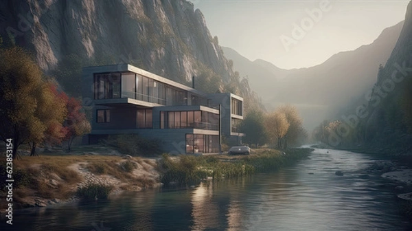 Obraz Beautiful villa on the lake with mountains in the background, 8k, generative ai