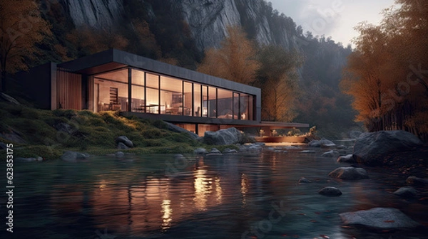 Fototapeta Beautiful villa on the lake with mountains in the background, 8k, generative ai