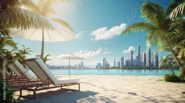 Obraz deck chair with an umbrella on a beautiful idealistic sandy beach with palm trees, sea and grid in the distance, 8k, generative ai