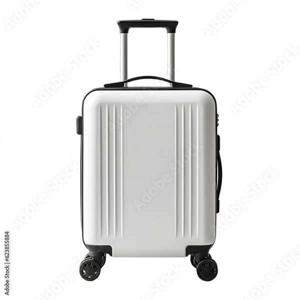 Fototapeta A blank white and black travel suitcase isolated on a transparent background