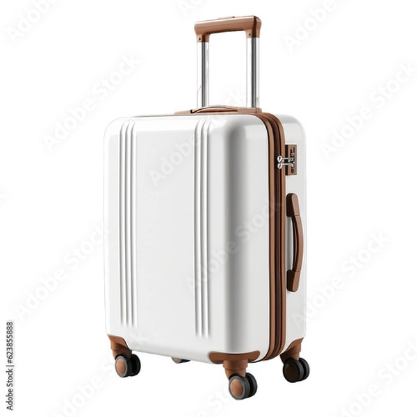 Fototapeta A blank white and brown travel suitcase isolated on a transparent background