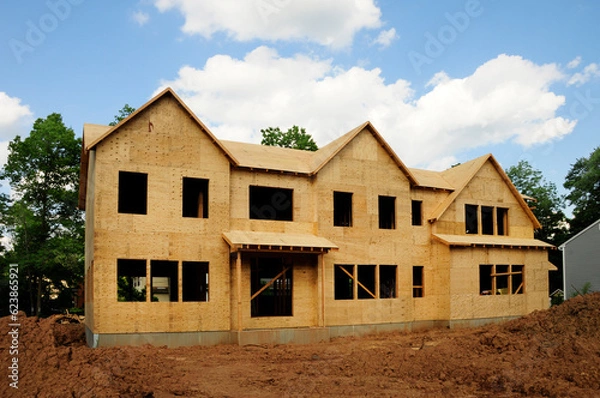 Fototapeta House under construction in the sheathing phase.