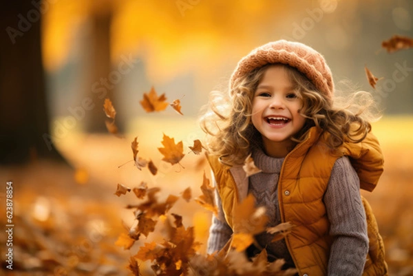 Fototapeta Adorable happy little girl playing with maple leaves in autumn park