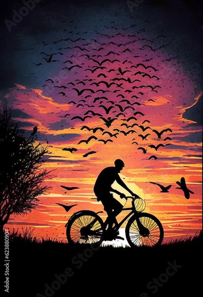 Fototapeta Man rides a bicycle against the backdrop of a beautiful sunset. AI Generated