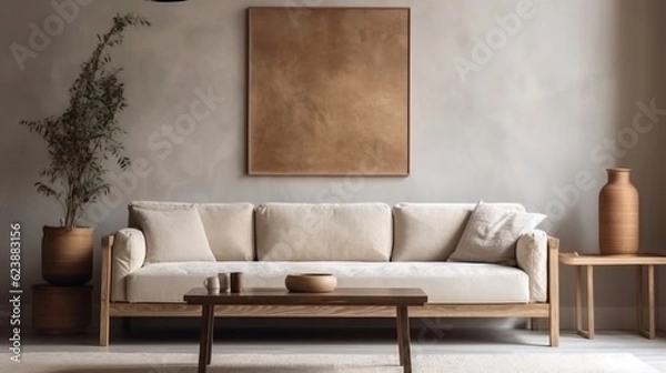 Fototapeta The rustic interior design of the modern living room with beige fabric sofa and cushions generative ai