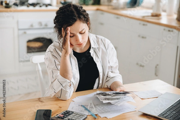 Fototapeta Stressed caucasian woman trying to deal with financial documents, having problem to find money to pay utility bills or loans. The concept of debt, bankrupt. Accounting companies advertisement mockup