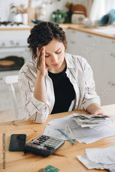 Obraz Stressed caucasian woman trying to deal with financial documents, having problem to find money to pay utility bills or loans. The concept of debt, bankrupt. Accounting companies advertisement mockup