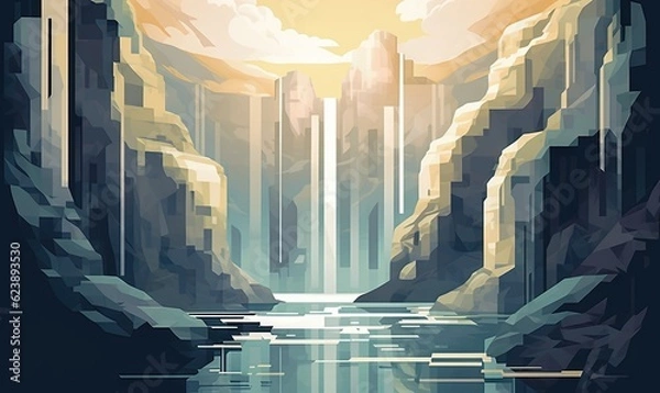 Fototapeta  a painting of a waterfall in the middle of a mountain.  generative ai