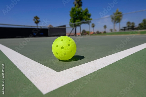 Obraz Closeup of a pickleball (whiffleball) on a sports court with white lines.
