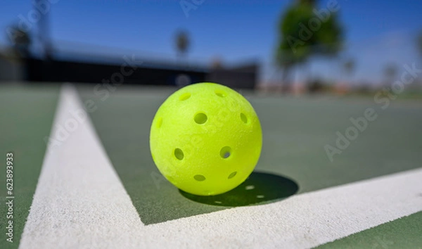 Fototapeta Closeup of a pickleball (whiffleball) on a sports court with white lines.