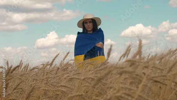 Obraz Portrait of Ukrainian patriotic woman stands in wheat field with blue-yellow flag of Ukraine