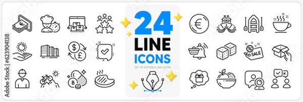Fototapeta Icons set of People voting, Sun protection and Dice line icons pack for app with Boat, Engineer, Gift dream thin outline icon. Sale, Video conference, Currency exchange pictogram. Vector
