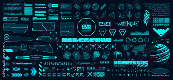 Fototapeta Elementy hi-tech i interfejs HUD. Cyberpunk i retrofuturystyczne pole graficzne. Digital Arts, krój pisma, 3D geometryczne kształty, ikony, promieniowanie rentgenowskie, HUD, UI, UX Rames. Wektor futurystyczny zestaw graficzny