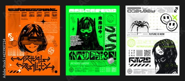 Fototapeta Plakaty retrofuturystyczne z uroczymi dziewczynami anime, hi-tech, geometryczne kształty Y2K, interfejs HUD. Cyberpunk 3D plakaty z dziewczyną mangi w stylu futurystycznym. Odciski typografii, streetwear, towary, koszulka