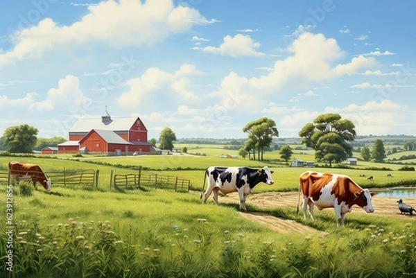 Obraz summer cows in field countryside with red barn  | Generative AI