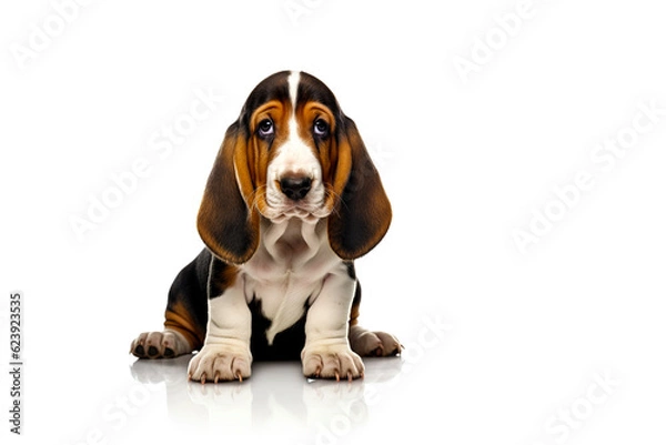 Fototapeta Cute Basset Hound puppy dog sitting isolated on white background. Long ears puppy dog studio portrait photo. Digital illustration generative AI.
