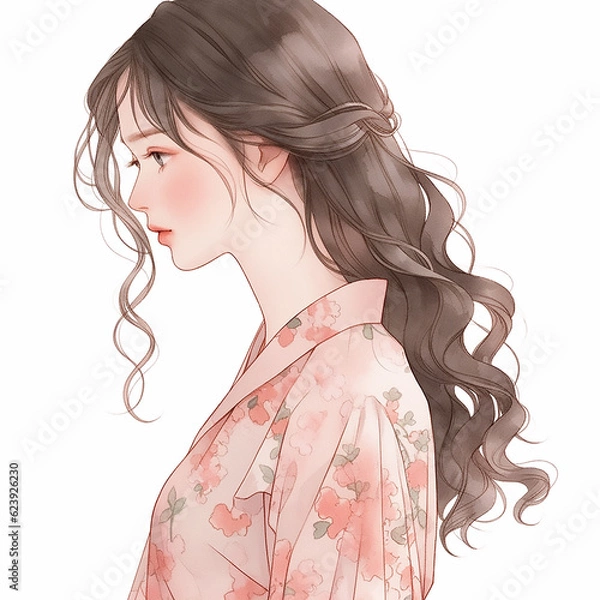 Obraz 一点を見つめるロングヘアの美人｜A beautiful woman with long hair, gazing at one point generative AI