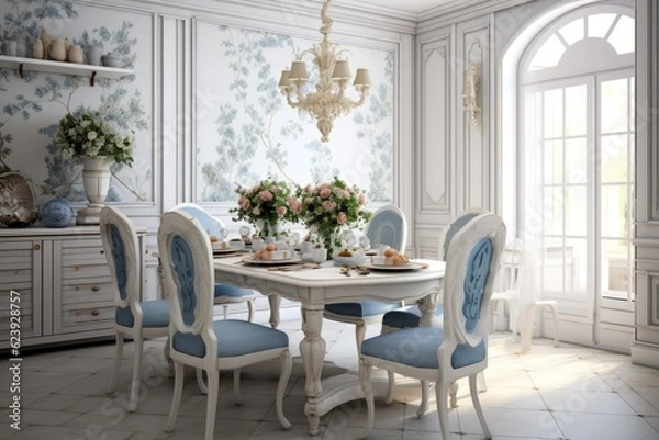 Fototapeta Sunny living room with big bouquet on round table, interior in Provence style. ai generative