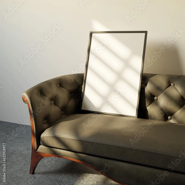 Obraz Aesthetic frame mockup poster laying on the chesterfield sofa light by window silhouete