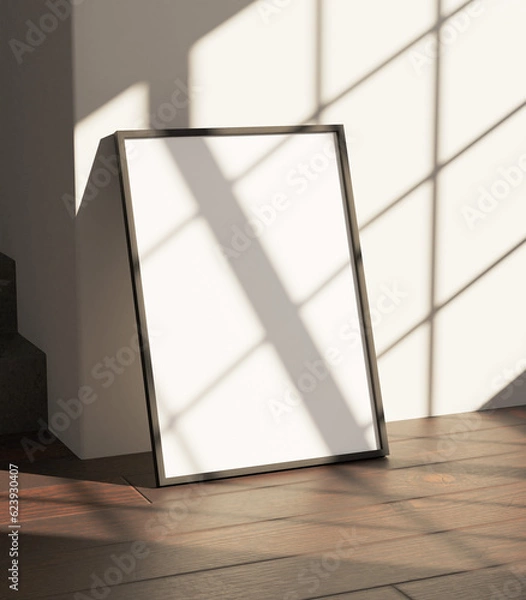 Obraz simple minimalist frame mockup poster laying on the wooden floor got sunlight from window