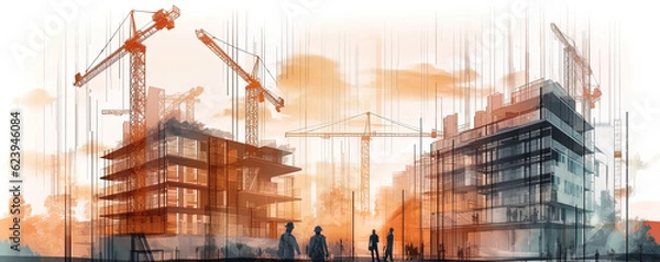 Fototapeta Illustration digital building construction engineering with double exposure graphic design. Building engineers, architect people, or construction workers working. Generative AI