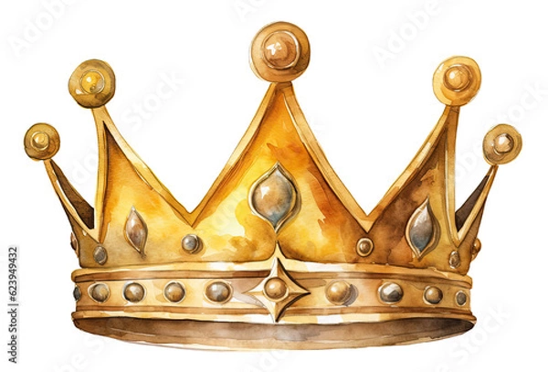 Fototapeta Watercolor illustration of king's golden grown isolated on transparent background, Generative AI