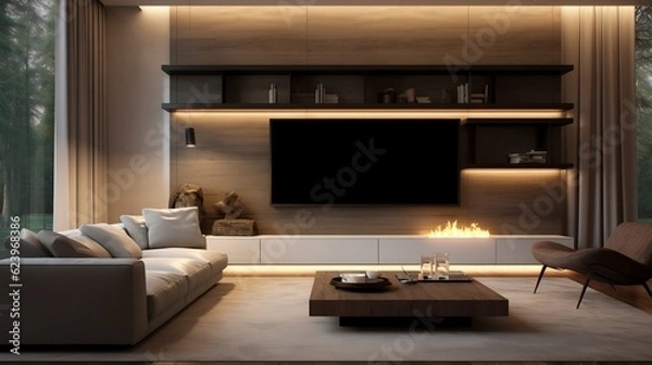 Fototapeta Minimalist style interior design of the modern living room with tv generative ai