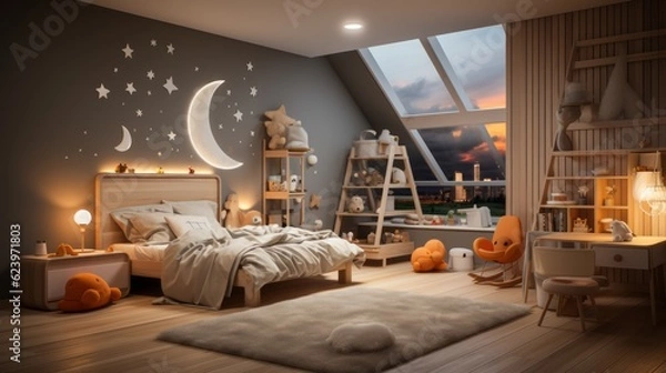Fototapeta child bedroom with play area,table,pillow,toys