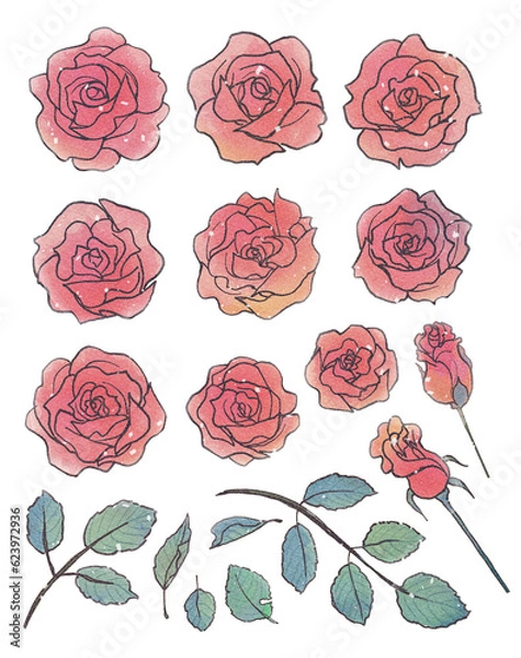 Obraz 少女漫画風お花素材セット・情熱的な赤いバラ