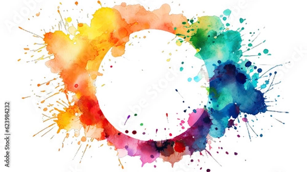 Obraz Abstract colorful rainbow color painting illustration - Circular circle frame made of watercolor splashes, isolated on white background (Generative Ai)