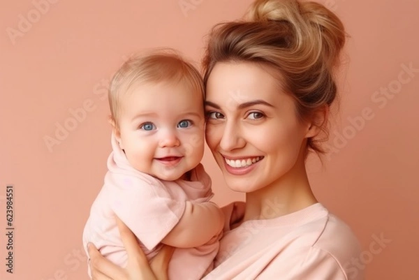 Fototapeta Studio portrait of a young smile asian mother and happy child isolated on pastel pink wall background. Mom and baby embrace. Mother's Day. Loving parent, Generative AI