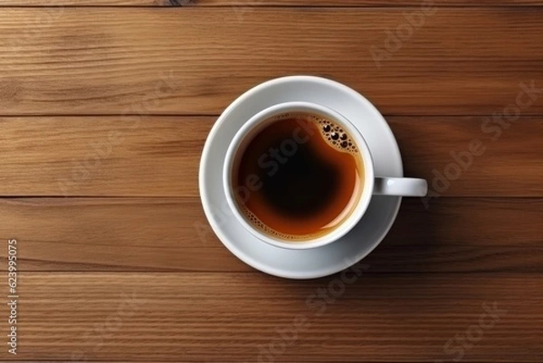 Fototapeta Top view of black coffee cup and beans on old kitchen table, Generative AI