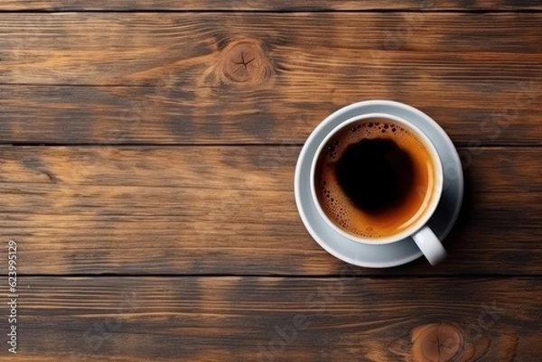 Fototapeta Top view of black coffee cup and beans on old kitchen table, Generative AI