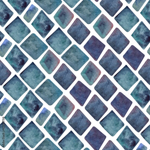 Fototapeta Watercolor seamless hand drawn geometric pattern with colorful rhombuses alike brickwork in blue shades