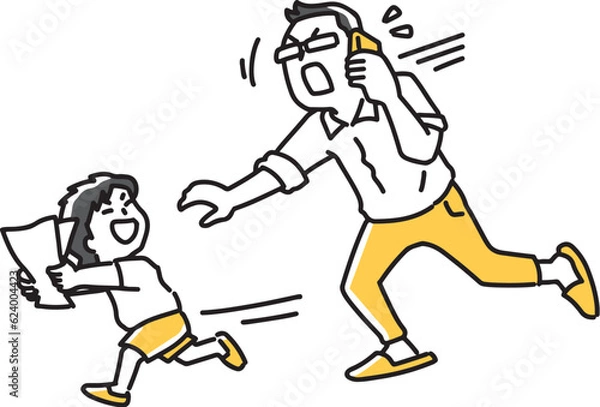 Fototapeta イタズラする子供を追いかける仕事中の男性