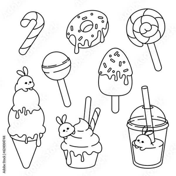Obraz Cute Kawaii Sweets.  Vector line art clipart set in kawaii style depicting sweets, ice cream, lollipops, donuts, milkshake, cupcake. Black line on an isolated cut out background.