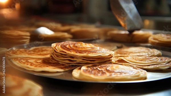 Fototapeta Generative AI image of a mouthwatering roti canai, a flaky Malaysian flatbread, freshly made and served with a side of fragrant curry sauce, a delightful and aromatic staple of Southeast Asian cuisine