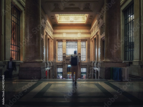 Fototapeta Traveler descending the stairs of a train station 