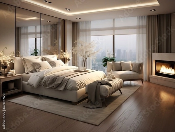 Obraz Interior design of modern elegant bedroom generative ai