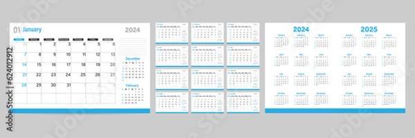 Fototapeta Calendar template for the month for 2024. The week starts on Sunday. Wall calendar in a minimalist style.