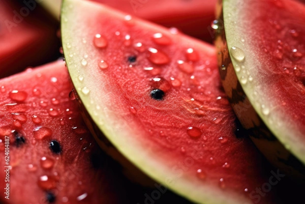 Fototapeta A close-up of red watermelon slice. Freshness of fruit with vitamins for care weight. Low-calorie, diuretic effects, digestion, excretion of toxins as ideal for healthy body. Generative ai
