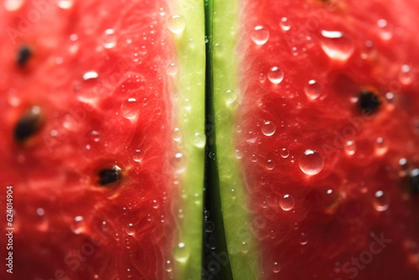 Fototapeta Concept agro industry business. Summer with sale of fresh, ripe, and juicy watermelons with sweet, green slices. A perfect healthy food and freshness delicious fruit. Generative ai, close up