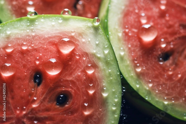Fototapeta Concept agro industry business. Summer with sale of fresh, ripe, and juicy watermelons with sweet, green slices. An excellent healthy food and freshness delicious fruit. Generative ai close up